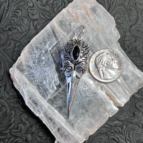 Raven or Crow Skull and Faceted Black Onyx Pendant - Picture 4 of 6